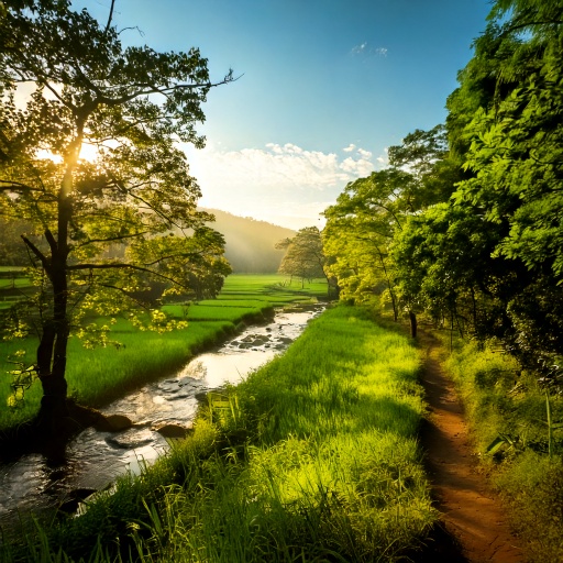 静かな森の小道、朝日が差す田んぼ、ゆったり流れる川
